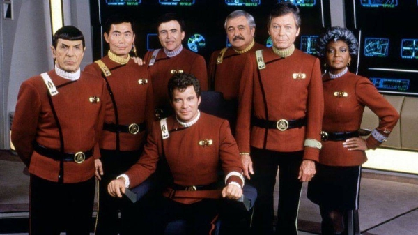 Nichelle Nichols (far right) with her co-stars (R-L) William Shatner, DeForest Kelley, Walter Koenig, George Takei and Leonard Nimoy on the set of Star Trek: The Final Frontier in 1989.
