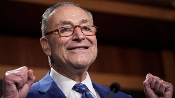 Democratic senate majority leader Chuck Schumer addresses reporters after the Inflation Reduction Act passed the Senate.