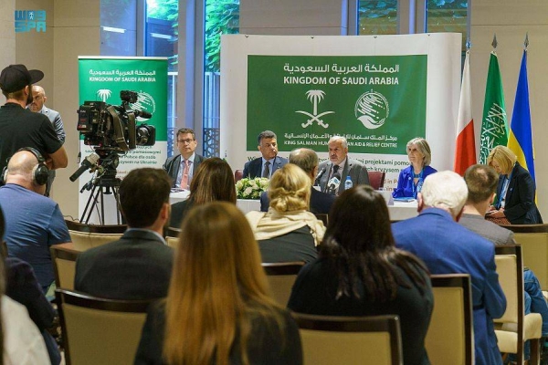 Advisor at the Royal Court and Supervisor General of KSrelief Dr. Abdullah Al Rabeeah addressing a press conference in Warsaw on Monday. 
