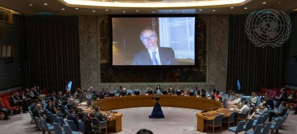 Rafael Mariano Grossi (on screen), Director General of the International Atomic Energy Agency (IAEA), addresses the Security Council on threats to international peace and security.