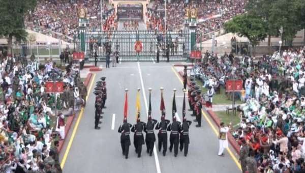 The flag ceremony performed at the India-Pakistan border