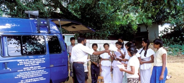 Mobile health education van in rural Sri Lanka.
