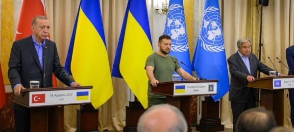 Secretary-General António Guterres (right), Presidents Volodymyr Zelinskyy (center) and Recep Tayyip Erdoğan of Türkiye, brief the journalists at a press conference in Lviv, Ukraine.