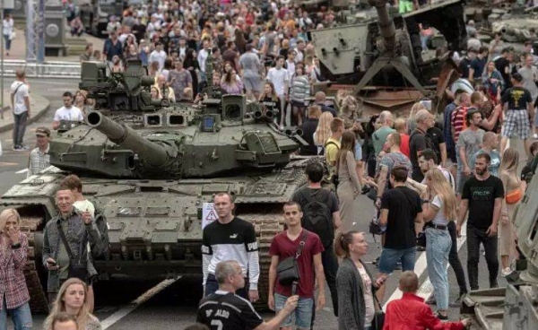 Russian military vehicles are being displayed at a public square in Kyiv on Saturday.