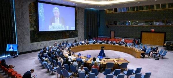 Tor Wennesland (on screen), Special Coordinator for the Middle East Peace Process, addresses the UN Security Council meeting on the situation in the Middle East, including the Palestinian question.
