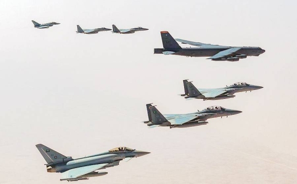 Six fighter jets — models F-15SE, Typhoon and F-15C — affiliated with the Royal Saudi Air Force accompanied the US strategic bomber B-52 while crossing the Saudi airspace.