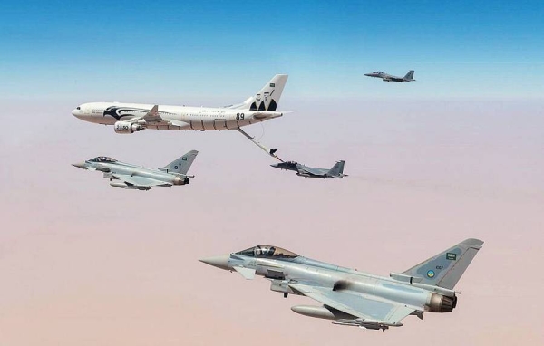 Six fighter jets — models F-15SE, Typhoon and F-15C — affiliated with the Royal Saudi Air Force accompanied the US strategic bomber B-52 while crossing the Saudi airspace.