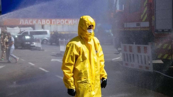 A Ukrainian emergency rescuer attends an exercise in Zaporizhzhia on 17 August 2022, in case of a possible nuclear incident