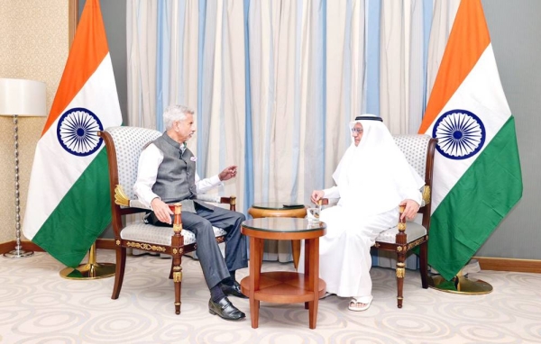 Indian External Affairs Minister Dr. S. Jaishankar speaks with Editor-in-Chief of Okaz and General Supervisor of Saudi Gazette Jameel Altheyabi at the Ritz Carlton in Riyadh on Saturday. — SG photo by Abdulaziz Alyusuf