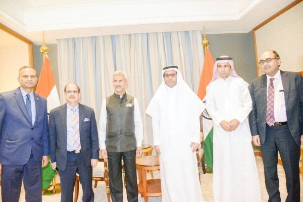 Indian External Affairs Minister Dr. S. Jaishankar speaks with Editor-in-Chief of Okaz and General Supervisor of Saudi Gazette Jameel Altheyabi at the Ritz Carlton in Riyadh on Saturday. — SG photo by Abdulaziz Alyusuf