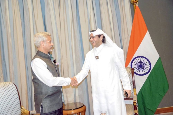 Indian External Affairs Minister Dr. S. Jaishankar speaks with Editor-in-Chief of Okaz and General Supervisor of Saudi Gazette Jameel Altheyabi at the Ritz Carlton in Riyadh on Saturday. — SG photo by Abdulaziz Alyusuf