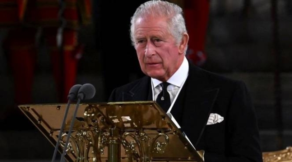 King Charles III addressing the houses of Parliament in London.