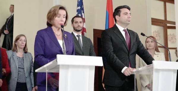 US Speaker of the House Nancy Pelosi and Speaker of the National Assembly of Armenia Alen Simonyan at a press conference in Yerevan on Sunday.