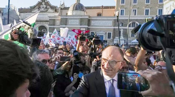 Democratic Party leader Enrico Letta arrives at the party's final rally ahead of Sunday's election in Rome on Friday. — courtesy photo