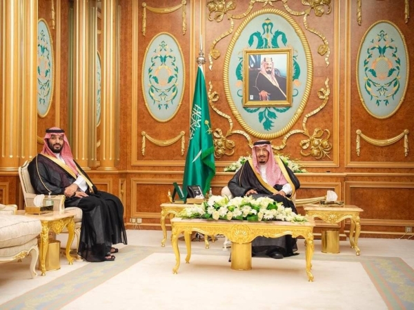 Custodian of the Two Holy Mosques King Salman and Crown Prince and Prime Minister Mohammed bin Salman attend the oath-taking ceremony of the new ministers at Al-Salam Palace in Jeddah on Tuesday