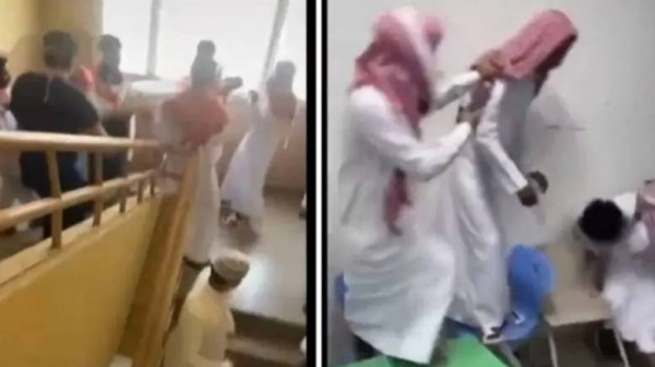 The video shows the injury of one of the students and his falling to the ground motionless as a result of the violent blows and he was then receiving first aid before taking into hospital.