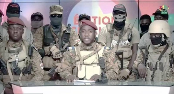 Coup leader Col Ibrahim Traoré (pictured far left in red beret) has appeared on TV but did not speak himself. — courtesy photo