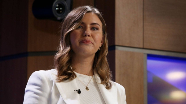 Brittany Higgins, a former Liberal Party staff member addresses the media at the National Press Club on February 9, 2022