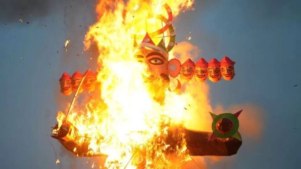 The effigy of the demon king Ravana, without firecrackers, burns on the occasion of the Dussehra Festival at the end of the Navratri (Nine nights) Festival in Chandigarh. (file)