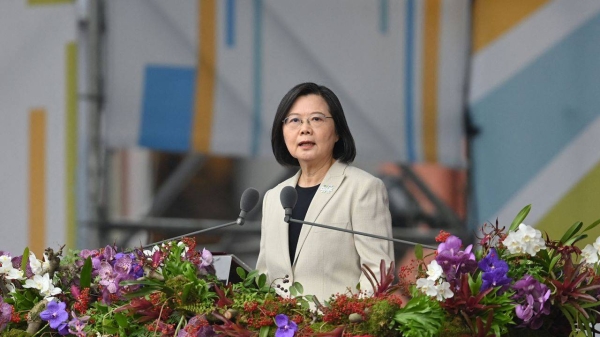 Taiwan's President Tsai Ing-wen speaks at a ceremony to mark the island's National Day in front of the Presidential Office in Taipei