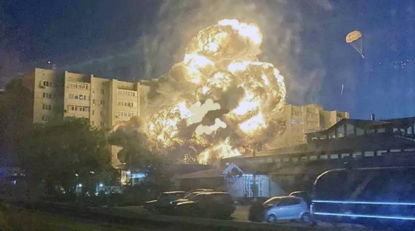 A Russian Su-34 fighter-bomber crashes into a building in Yeysk, Russia, Monday. — courtesy Meduza