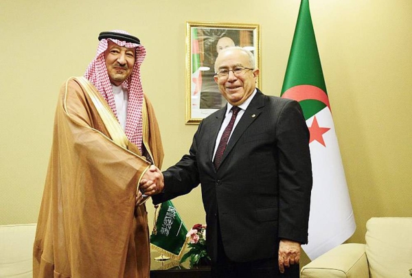 Deputy Foreign Minister Eng. Waleed Bin Abdulkarim Al-Khuraiji is received by Algerian Foreign Minister Ramtane Lamamra in Algiers on Saturday prior to the Arab Summit.