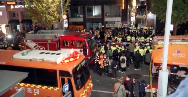 The scene of the crowd surge that killed more than 150 people during Halloween festivities in Seoul.