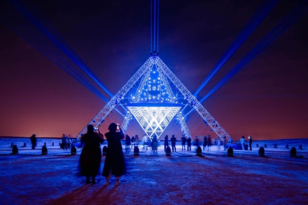 Completed Installation of artwork Vertical Horizon by artist Quiet Ensemble in King Abdullah Park in Riyadh, Kingdom of Saudi Arabia, on November 3rd, 2022 as part of the Noor Riyadh Festival 2022. Photo by Manon Duclos/ABACAPRESS.COM