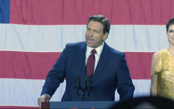 Florida's Republican Governor Ron DeSantis gives a victory speech following his landslide victory on Tuesday in the US midterm elections.