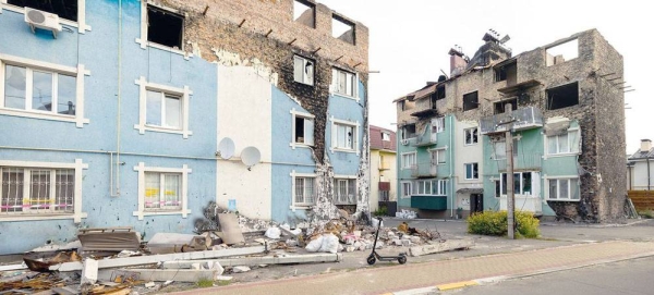 A view of apartment buildings damaged by shelling in Irpin, Ukraine.