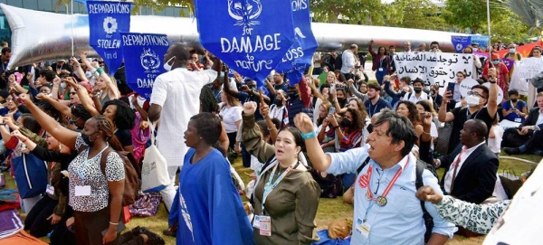 Civil Society Organizations sit down to present a People’s Declaration at COP27. — courtesy UNIC Tokyo/ Momoko Sato
