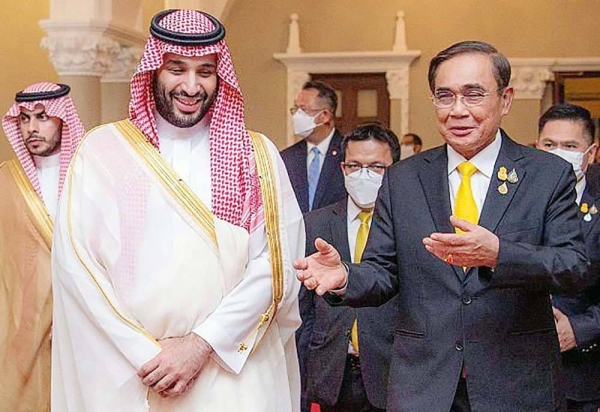Crown Prince and Prime Minister Prince Mohammed Bin Salman is received by Thailand Prime Minister and Minister of Defense Gen. Prayuth Chan-ocha at the Thai government's headquarters in the capital, Bangkok.