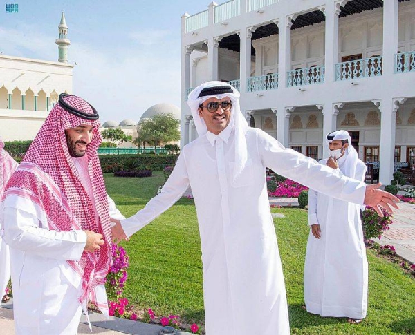 Crown Prince and Prime Minister Mohammed bin Salman and Qatar's Emir Sheikh Tamim bin Hamad visit the Lusail Stadium in Doha in 2021. (File picture).
