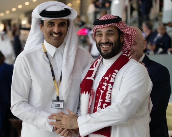 Crown Prince Mohammed bin Salman and Qatari Emir Sheikh Tamim bin Hamad Al Thani during the opening match of the 2022 FIFA World Cup in Qatar. (@Bandaralgaloud)