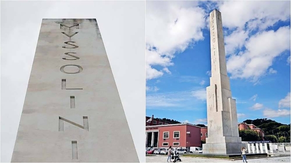 A marble obelisk with engravings reading ‘Mussolini Dux’ is located in front of Rome’s Olympic Stadium. — courtesy AP File