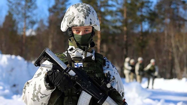 (File) Finnish soldier during winter weather training, March 2022. — courtesy Satu Hujanen / Finnish Army
