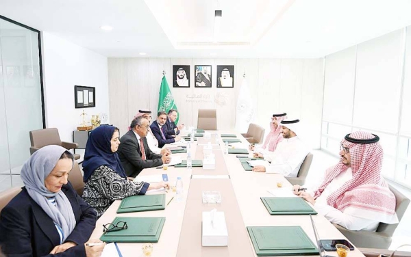 Assistant Minister of Finance for Macro-Fiscal Policies and International Relations Abdulmohsen Bin Saad Al-Khalaf met in Riyadh Wednesday with Director General of the World Health Organization (WHO) Dr. Tedros Ghebreyesus.
