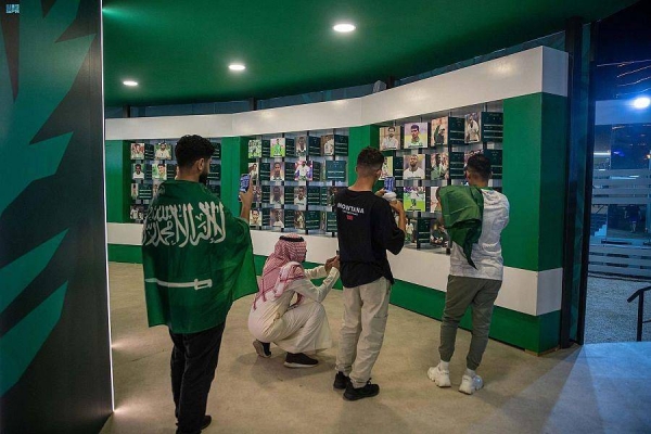 The Saudi team's World Cup and Asian Cup jerseys are displayed at the Green Falcons' Museum at Saudi Arabia House.
