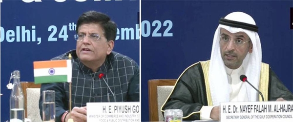 Indian Minister of Commerce and Industry Piyus Goyal, left and GCC Secretary General Nayef Falah Al-Hajraf address the press in New Delhi on Thursday.