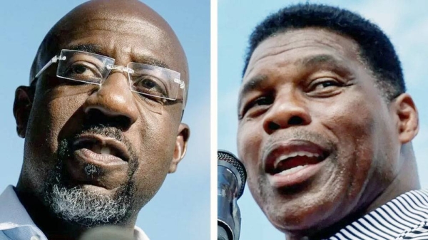 Combo picture of Democrat Raphael Warnock (left) will face Republican Herschel Walker in a run-off election on Dec. 6.