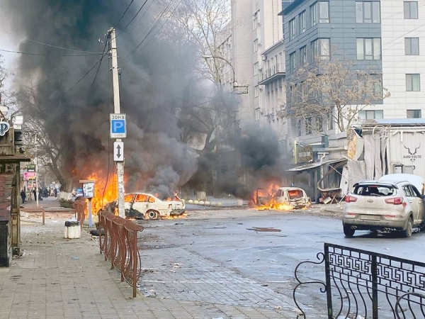 Cars burn after Russian shelling in the Ukrainian city of Kherson, Saturday. — courtesy Twitter
