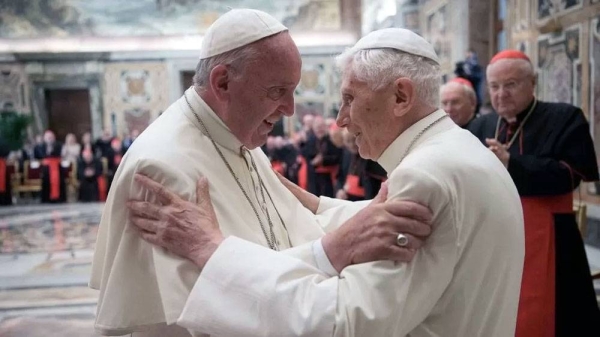 Former pope Benedict (R) is greeted by Pope Francis during a ceremony to mark his 65th anniversary of ordination to the priesthood at the Vatican June 28, 2016. — courtesy Vatican/Reuters
