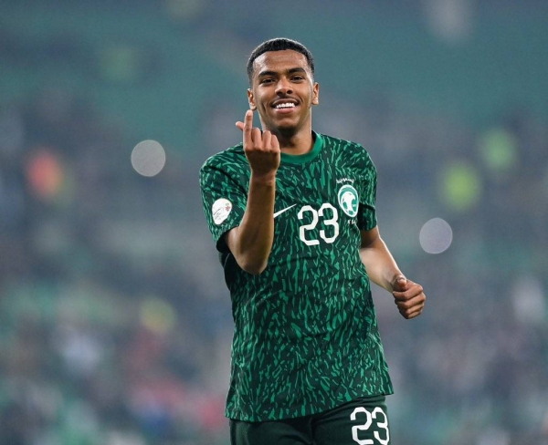 The Saudi national team players celebrate after  a 2-0 victory over Yemen, in the first round of the group stage of the 25th Arabian Gulf Cup 2023 match at Basra International Stadium, in Basra.