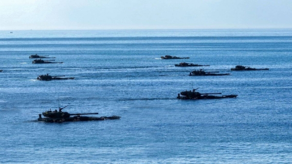 The Chinese military conducts a cross-day and all-factor live-fire confrontation drill in Zhangzhou City, Fujian province, China, on August 24, 2022.