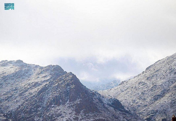 Tabuk's Jabal Al-Lawz has been covered in white for the third time this season as the region witnessed a fall in temperatures, which resulted in snowfall.