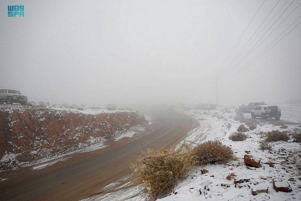 Tabuk's Jabal Al-Lawz has been covered in white for the third time this season as the region witnessed a fall in temperatures, which resulted in snowfall.