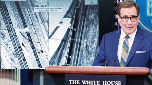 John Kirby presented images he said showed Russian railcars traveling between North Korea and Russia. — courtesy Getty Images