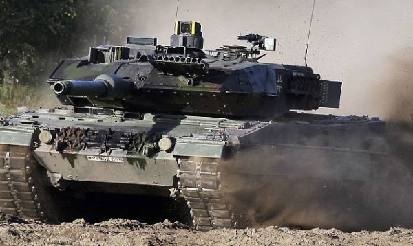 A Leopard 2 tank is pictured during a demonstration event held for the media by the German Bundeswehr in Munster near Hannover, Germany.