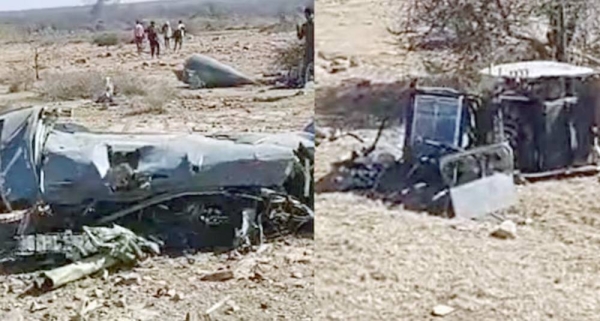 Screengrab of the debris of a crashed aircraft in Bharatpur, Rajasthan, India. The two aircraft took off from the Gwalior air base in Madhya Pradesh.