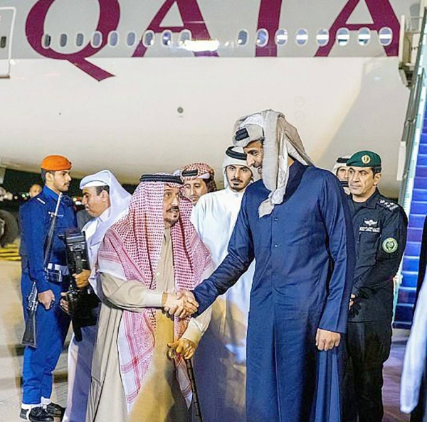 Qatar Sheikh Tamim Bin Hamad Al Thani and his accompanying delegation were received by Governor of Riyadh Region Prince Faisal Bin Bandar in Riyadh on Saturday.
